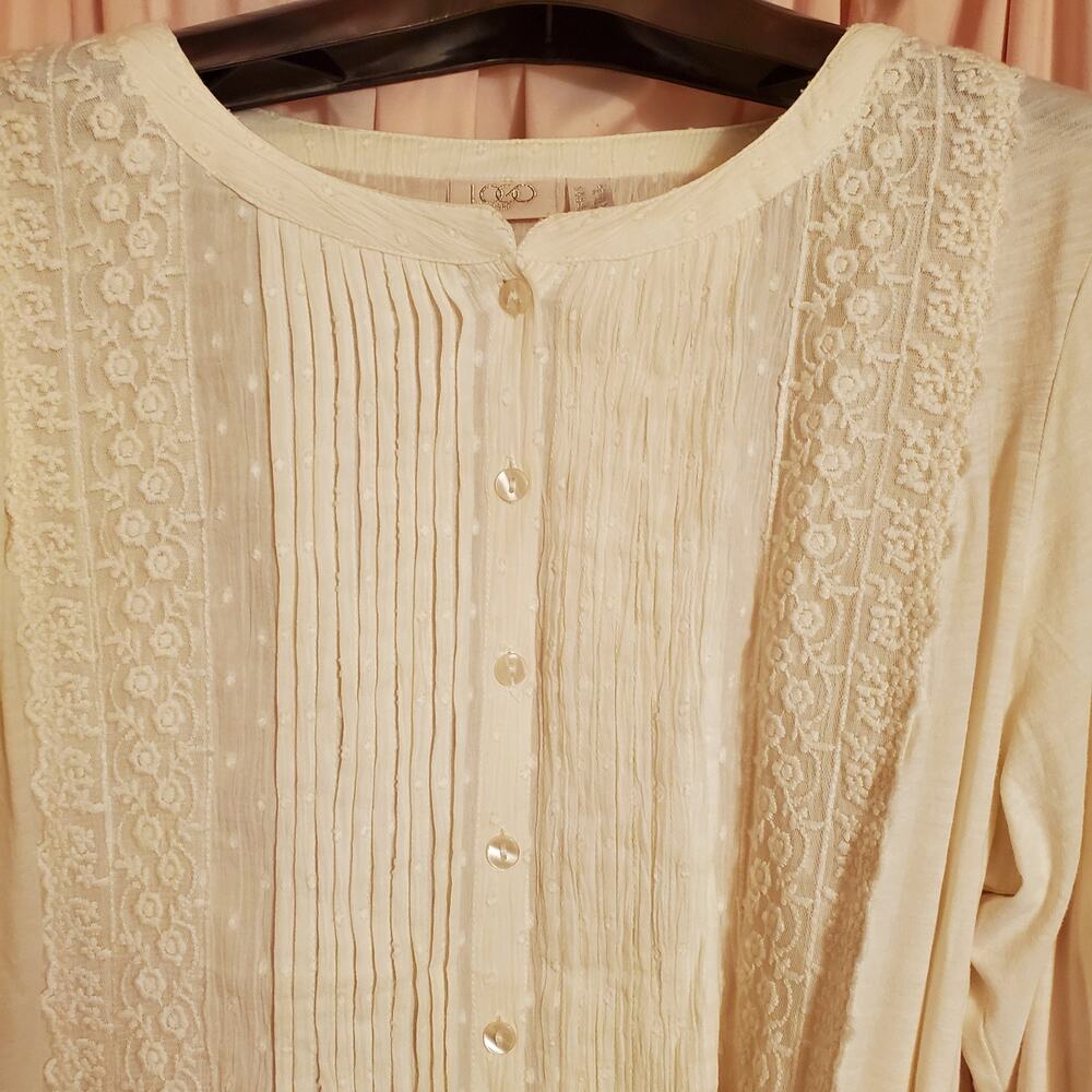 LOGO Lavish Swiss Dot,Lace&Pintuck 100%Cotton Ivory Button Front Tunic Top 1X